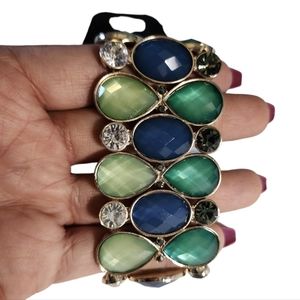 NWT G by Gennaro Blue/Green Crystal and Beaded Gold Toned Stretch Bracelet